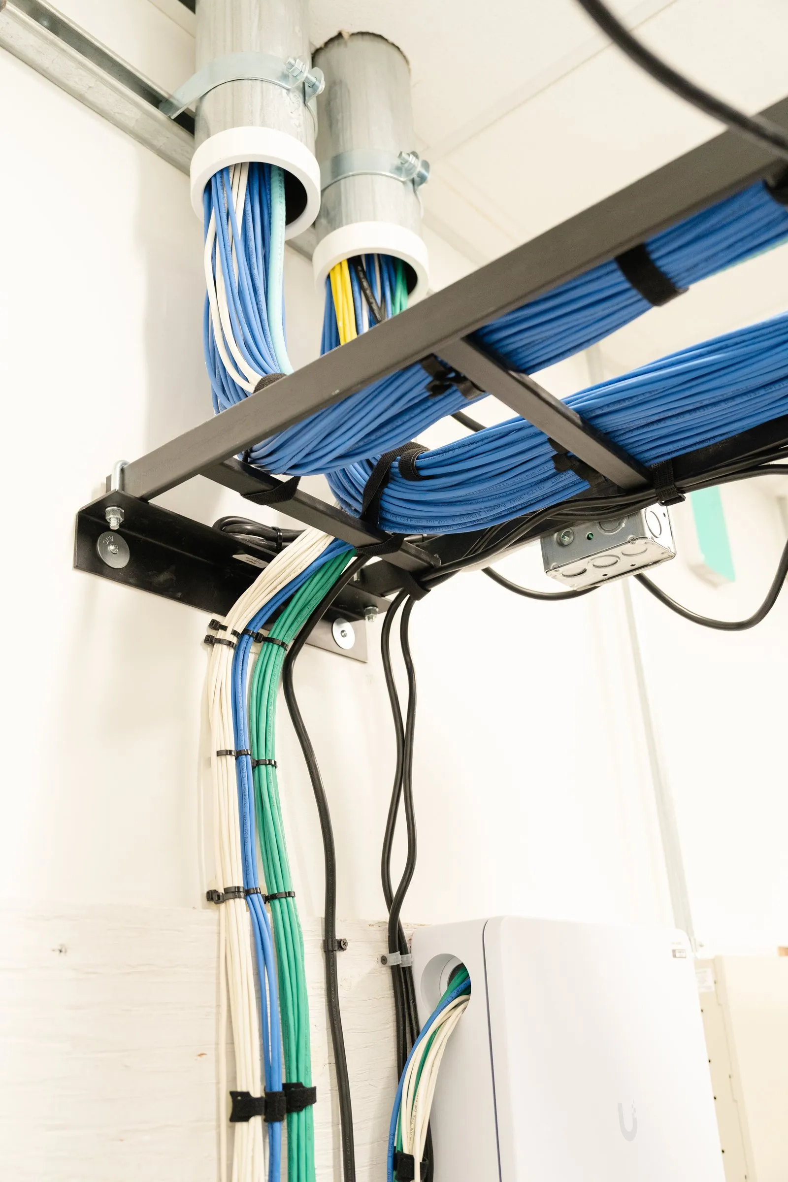 Ladder tray carrying bundled network cable into a network room